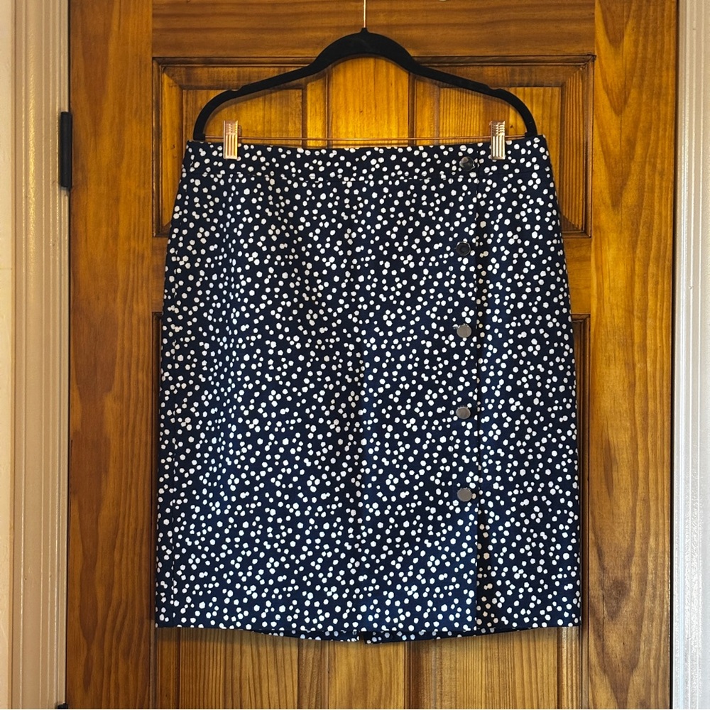 NWT Talbots Women’s Navy White Polka Dot Button Detail Pencil Skirt Sz 14